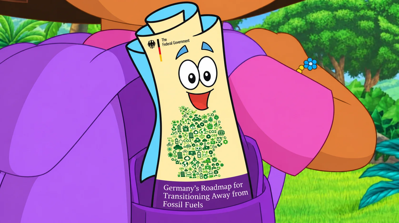 Illustrated map character showing Germany’s roadmap for transitioning away from fossil fuels, with green energy symbols.